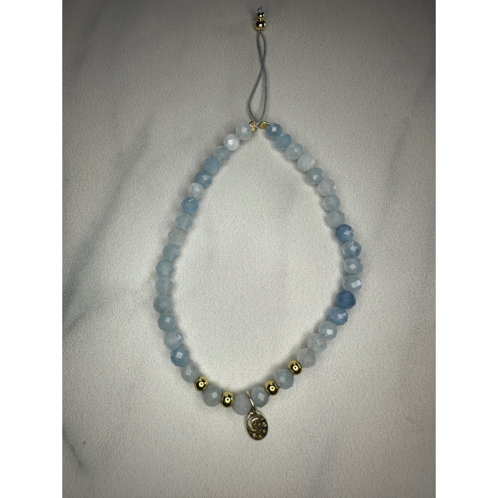 Aquamarine Beaded Adjustable Bolo Bracelet Sterling Silver Moon Star Charm 925